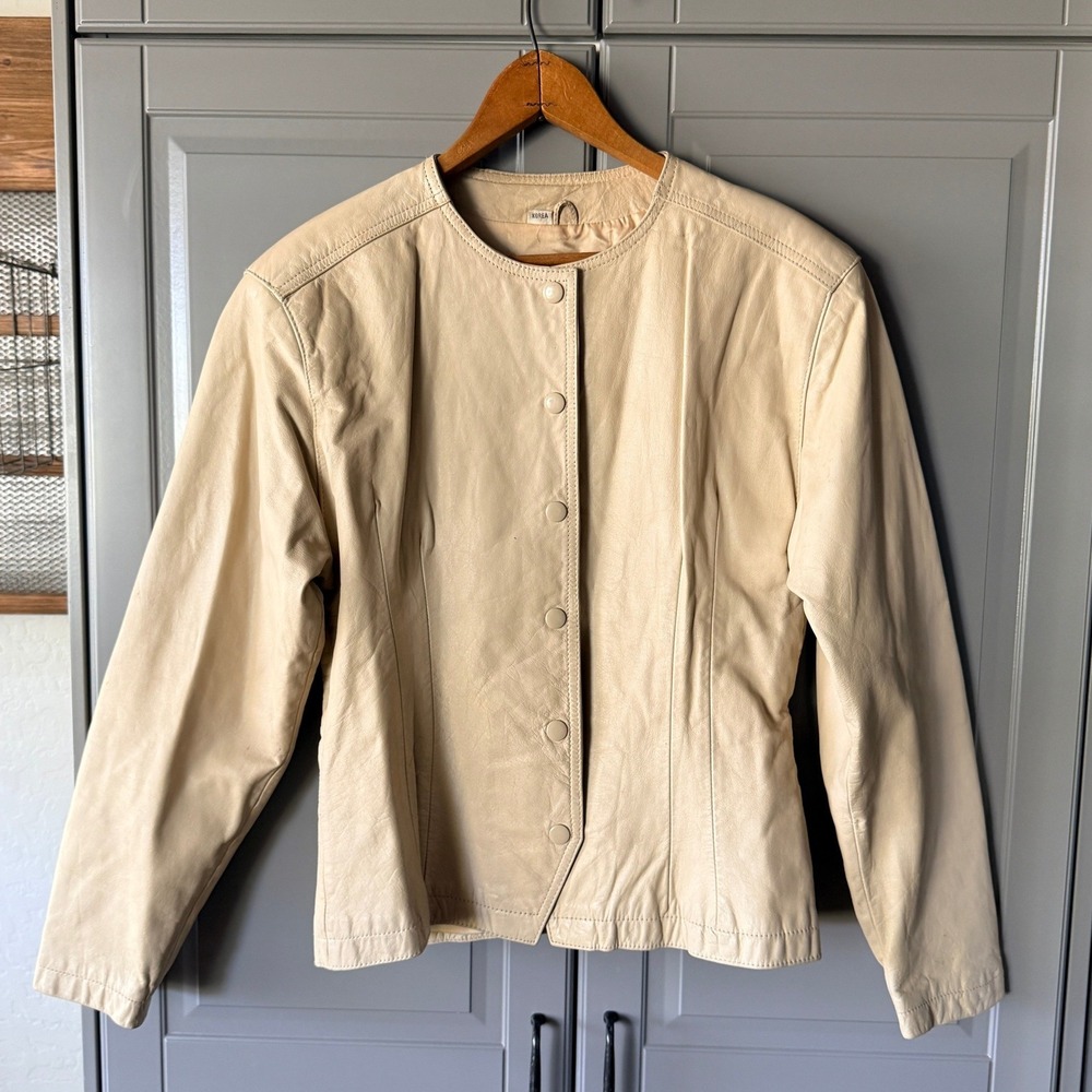 Wilsons Leather Womens Collarless Snap Front Racer Jacket, Cream,M
